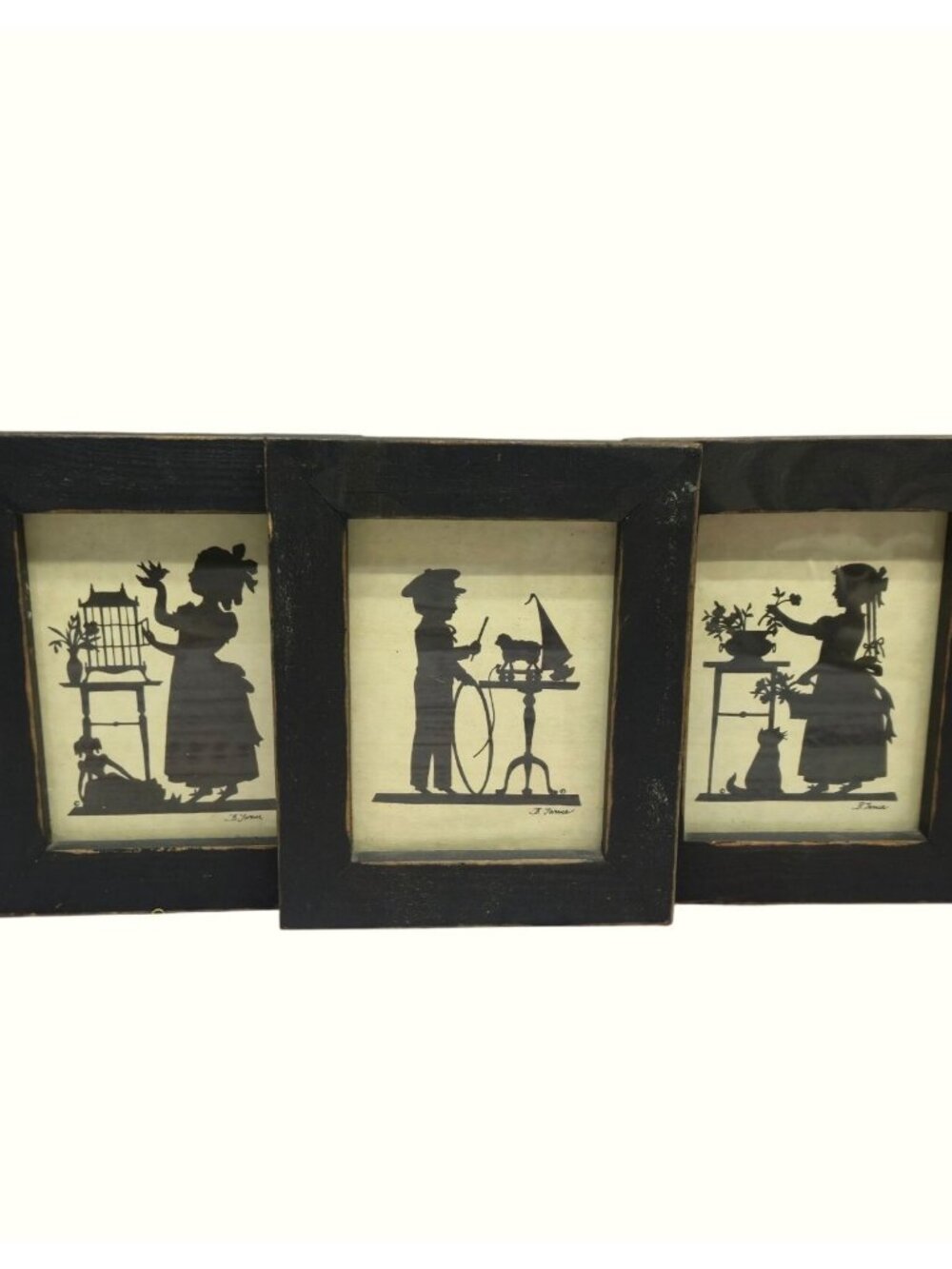 Vintage Silhouette Art set Blanche Turner Distressed Black Frames Girl Boy Birds